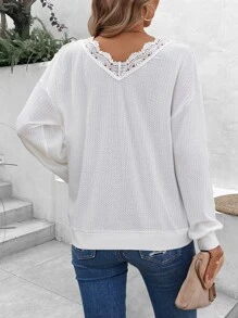 SHEIN Frenchy Guipure Lace Trim Drop Shoulder Sweatshirt - White - View 2