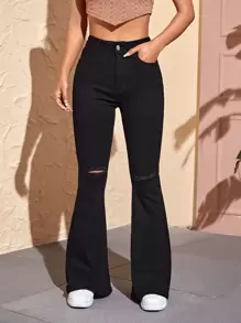 SHEIN PETITE Jeans de pierna amplia de talle alto desgarro