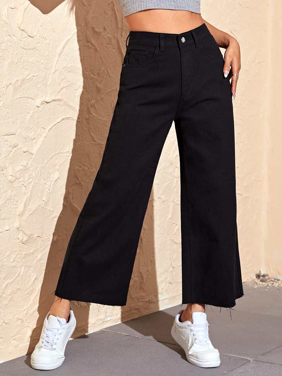 SHEIN EZwear 女款夏季純色毛邊寬褲牛仔褲 - 黑色 - 查看 1