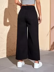 SHEIN EZwear 女款夏季純色毛邊寬褲牛仔褲 - 黑色 - 查看 2