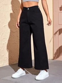 SHEIN EZwear 女款夏季純色毛邊寬褲牛仔褲 - 黑色 - 查看 3