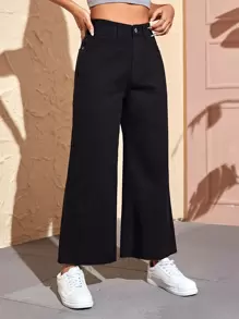 SHEIN EZwear 女款夏季純色毛邊寬褲牛仔褲 - 黑色 - 查看 4