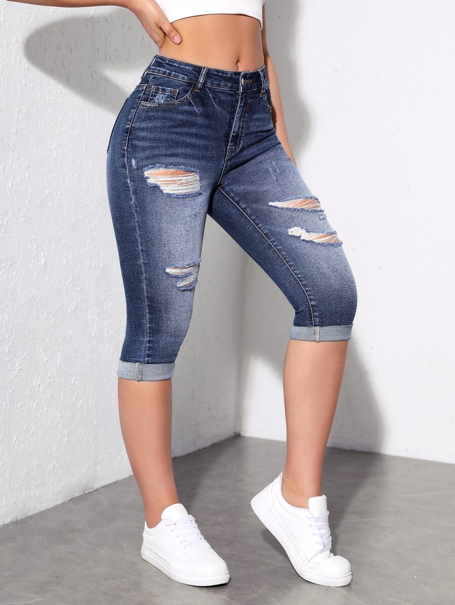 SHEIN Essnce Quần jean nữ Nút Bị tách Dây kéo màu trơn - Rửa trung bình - Xem 1