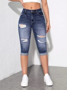 SHEIN Essnce Quần jean nữ Nút Bị tách Dây kéo màu trơn - Rửa trung bình - Xem 3