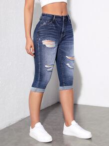 SHEIN Essnce Quần jean nữ Nút Bị tách Dây kéo màu trơn - Rửa trung bình - Xem 4