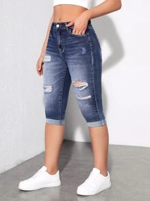 SHEIN Essnce Quần jean nữ Nút Bị tách Dây kéo màu trơn - Rửa trung bình - Xem 5