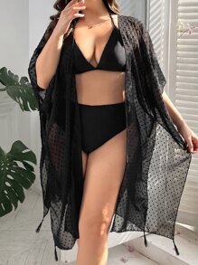SHEIN Kimono de lunares de manga murciélago - Negro - Ver 1