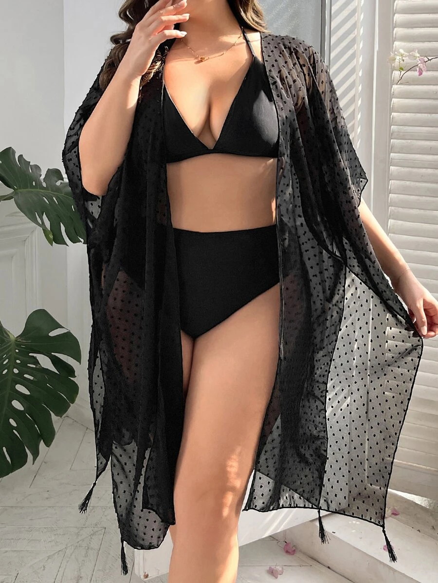 SHEIN Kimono de lunares de manga murciélago - Negro - Ver 1
