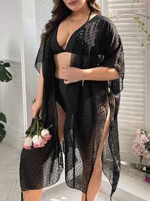 SHEIN Kimono de lunares de manga murciélago - Negro - Ver 4