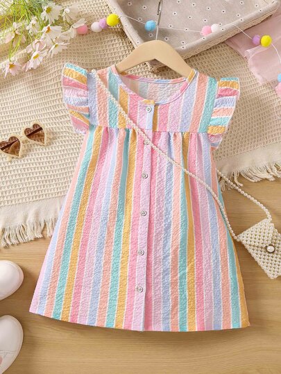 SHEIN Vintaside Kids Young Girl Multi-Color Striped Sweet Vacation Style Dress With Small Round Neck And Ruffled Sleeves, Summer,Holiday,Summer,Travel