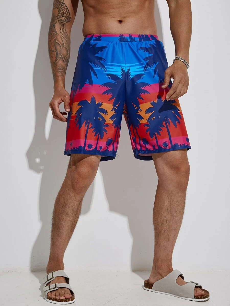 Manfinity Men Coconut Tree Print Beach Shorts - Multicolor - View 1