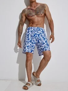 Manfinity Men Floral Print Swim Trunks - Blue and White - View 1