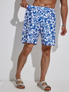 Manfinity Men Floral Print Swim Trunks - Blue and White - View 6