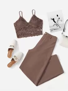 SHEIN Unity Top de tirantes con encaje con pantalones - Marrón - Ver 2
