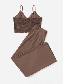 SHEIN Unity Top de tirantes con encaje con pantalones - Marrón - Ver 3