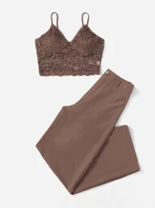 SHEIN Unity Top de tirantes con encaje con pantalones - Marrón - Ver 4