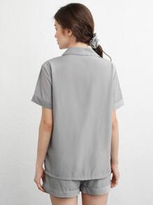 Ocili Leisure Silky Feel Shell Button Front Short Sleeve & Short PJ Set With Scrunchie - Gray - Grey - View 3