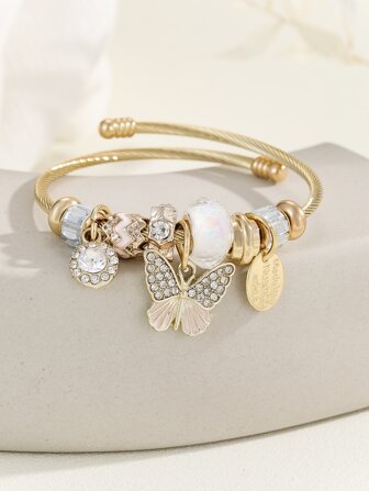 1pc Fashion Rhinestone Decor Butterfly Charm Cuff Bangle For Women For Daily Decoration