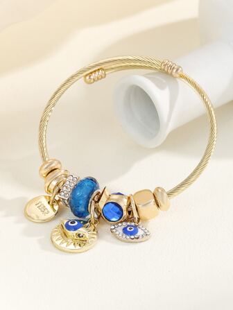 1pc Fashionable Stainless Steel Rhinestone Decor Eye & Round Charm Bangle For Women For Daily Decoration