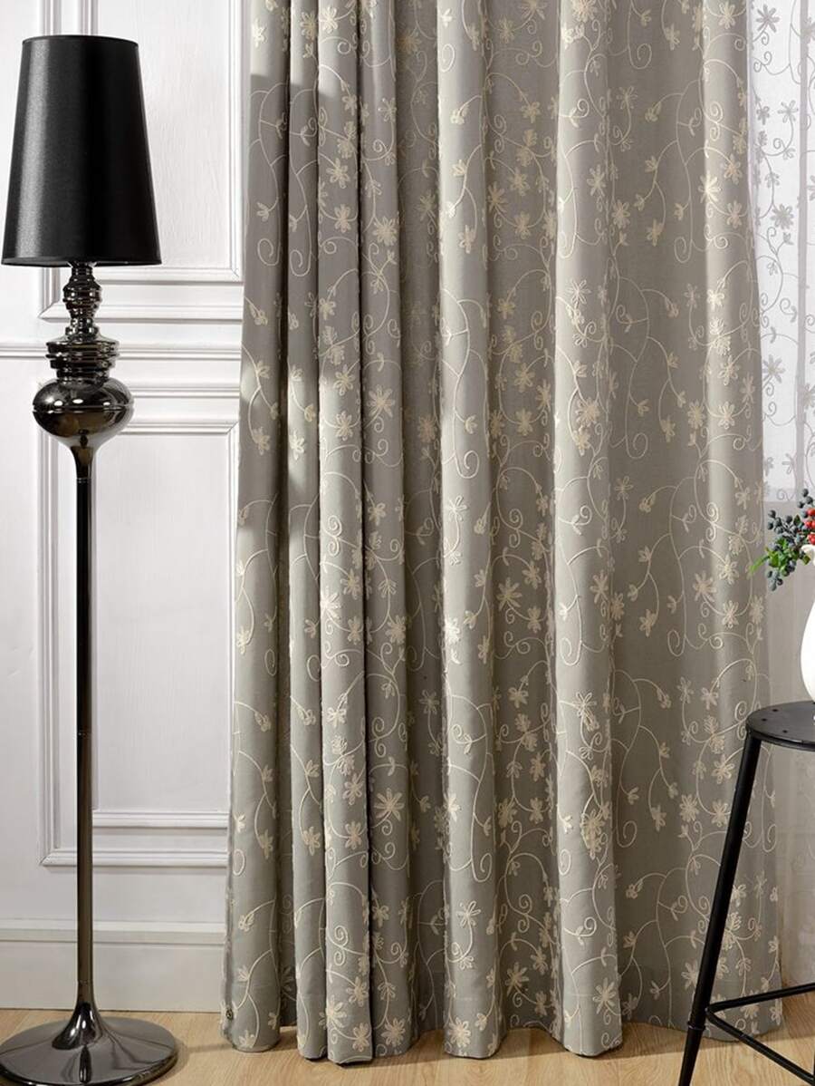 1入組刺繡花卉圖案單片窗簾家用滌綸遮光窗簾 - 灰色 - 查看 1