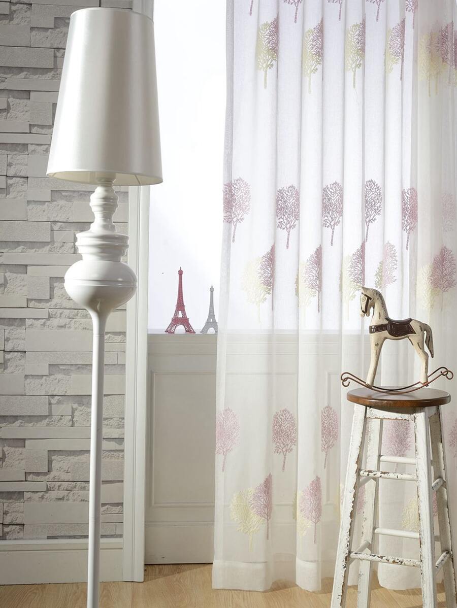 1pc Tree Embroidered Sheer Panel Curtain, Modernist Polyester Light Filtering Privacy Sheer Curtain For Living Room And Bedroom - Pink - View 1