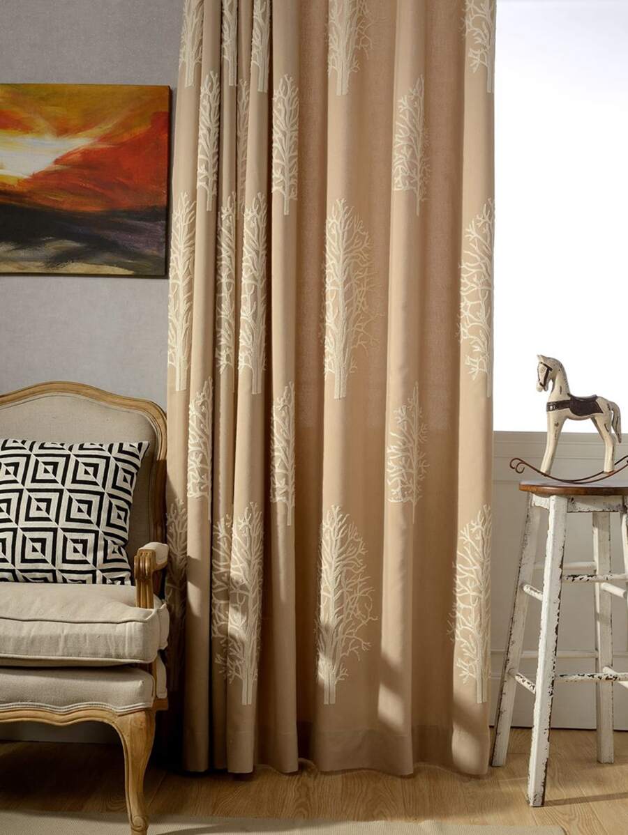 1入組樹形刺繡遮光窗簾現代滌綸單片家用遮光窗簾 - 卡其色 - 查看 1