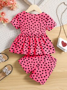小女童滿版心形印花荷葉邊下擺T恤和短褲 - 玫紅色 - 查看 2