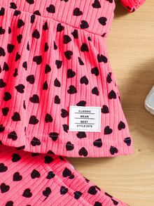 小女童滿版心形印花荷葉邊下擺T恤和短褲 - 玫紅色 - 查看 5