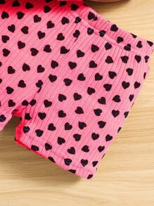 小女童滿版心形印花荷葉邊下擺T恤和短褲 - 玫紅色 - 查看 6