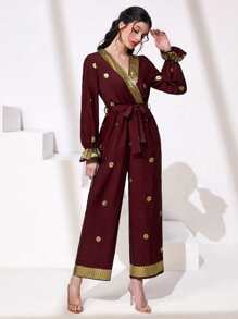 Al Najma Burgundy Red Gold Floral Print Flounce Sleeve Jumpsuit - Burgundy - View 1