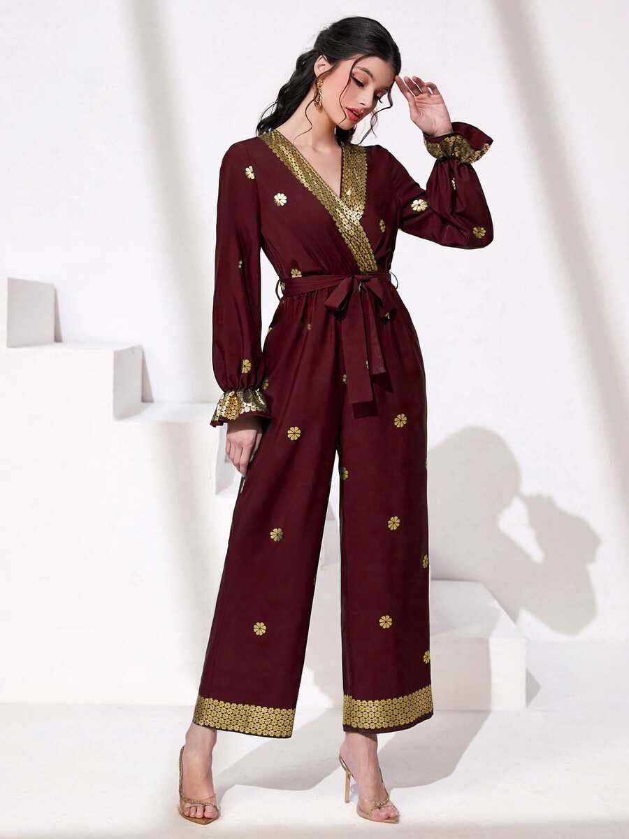 Al Najma Burgundy Red Gold Floral Print Flounce Sleeve Jumpsuit - Burgundy - View 1