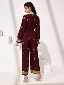 Al Najma Burgundy Red Gold Floral Print Flounce Sleeve Jumpsuit - Burgundy - View 2