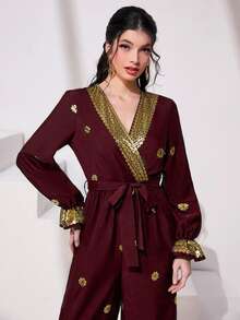 Al Najma Burgundy Red Gold Floral Print Flounce Sleeve Jumpsuit - Burgundy - View 4