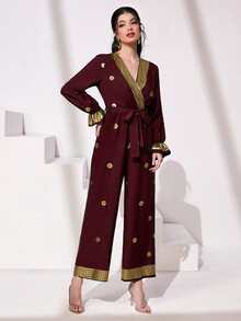 Al Najma Burgundy Red Gold Floral Print Flounce Sleeve Jumpsuit - Burgundy - View 5