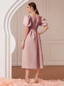 Modelyn Square Neck Puff Sleeve Split Hem Dress - Dusty Pink - View 2