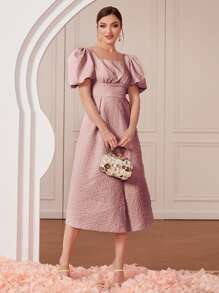 Modelyn Square Neck Puff Sleeve Split Hem Dress - Dusty Pink - View 4