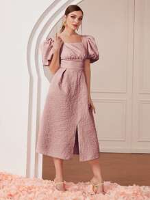 Modelyn Square Neck Puff Sleeve Split Hem Dress - Dusty Pink - View 5