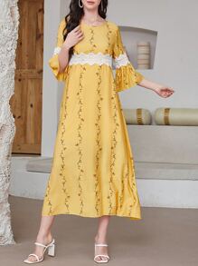 Mulvari Contrast Lace Flounce Sleeve Dress - Yellow - View 1