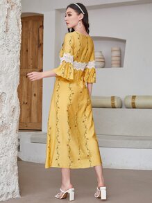 Mulvari Contrast Lace Flounce Sleeve Dress - Yellow - View 2
