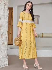 Mulvari Contrast Lace Flounce Sleeve Dress - Yellow - View 3
