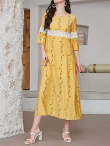 Mulvari Contrast Lace Flounce Sleeve Dress - Yellow - View 5