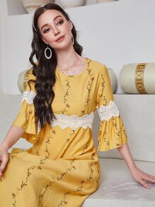 Mulvari Contrast Lace Flounce Sleeve Dress - Yellow - View 6