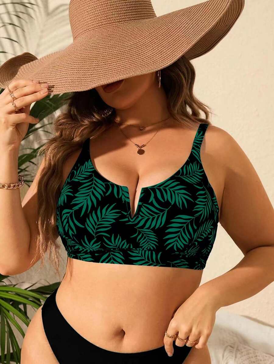 SHEIN Swim Curve Plus Tropical Print Notched Neckline Bikini Top, For Summer Beach Vacation - Multicolor - View 1