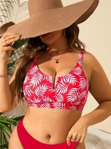 Plus Tropical Print V Cut Bikini Top - Red - View 1