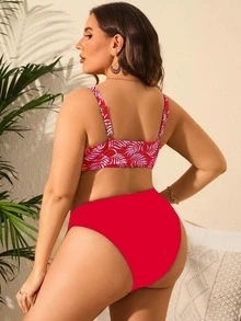 Plus Tropical Print V Cut Bikini Top - Red - View 2