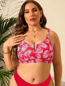 Plus Tropical Print V Cut Bikini Top - Red - View 4