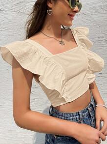 Soleia Áo sơ mi nữ Lộ Lưng Xù Buộc lại màu trơn Gợi cảm - Màu be - Xem 4