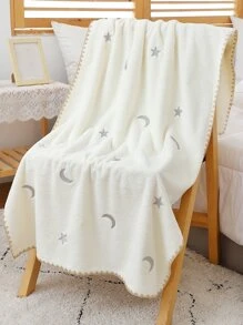 1 件刺绣月亮和星星印花吸水浴巾或面巾，柔软白色毛巾，适用于浴室家居浴室装饰 - 白色 - 查看 1