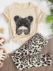 SHEIN Sparklyn Tween Girl Figure & Leopard Print Tee & Leggings - Apricot - View 1