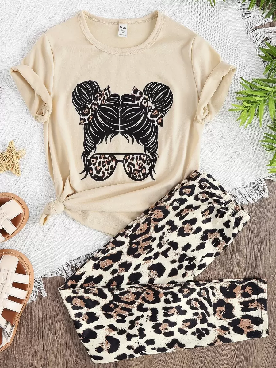 SHEIN Sparklyn Tween Girl Figure & Leopard Print Tee & Leggings - Apricot - View 1